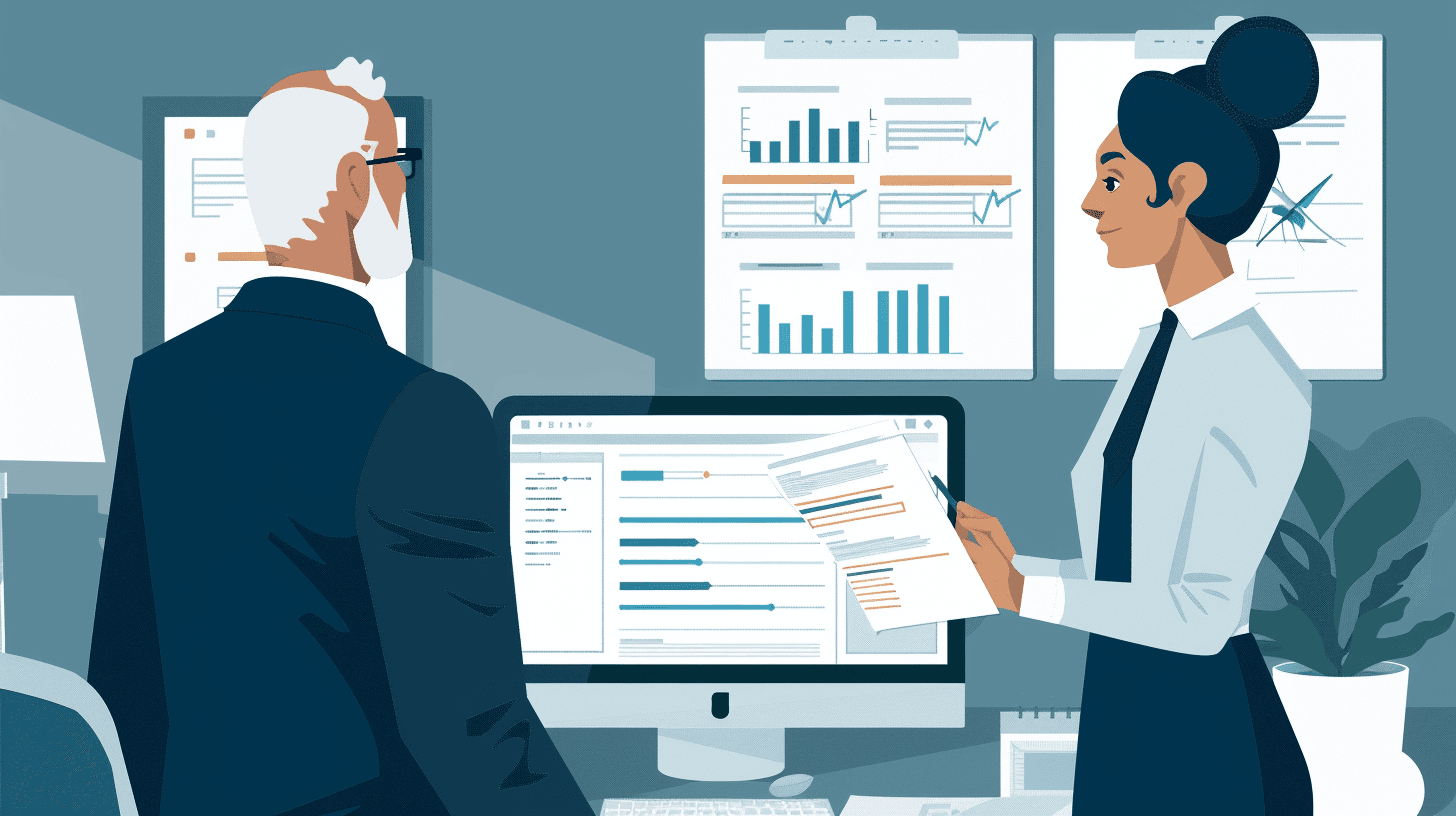 Senior compliance officer reviewing advisor work alongside system analysis